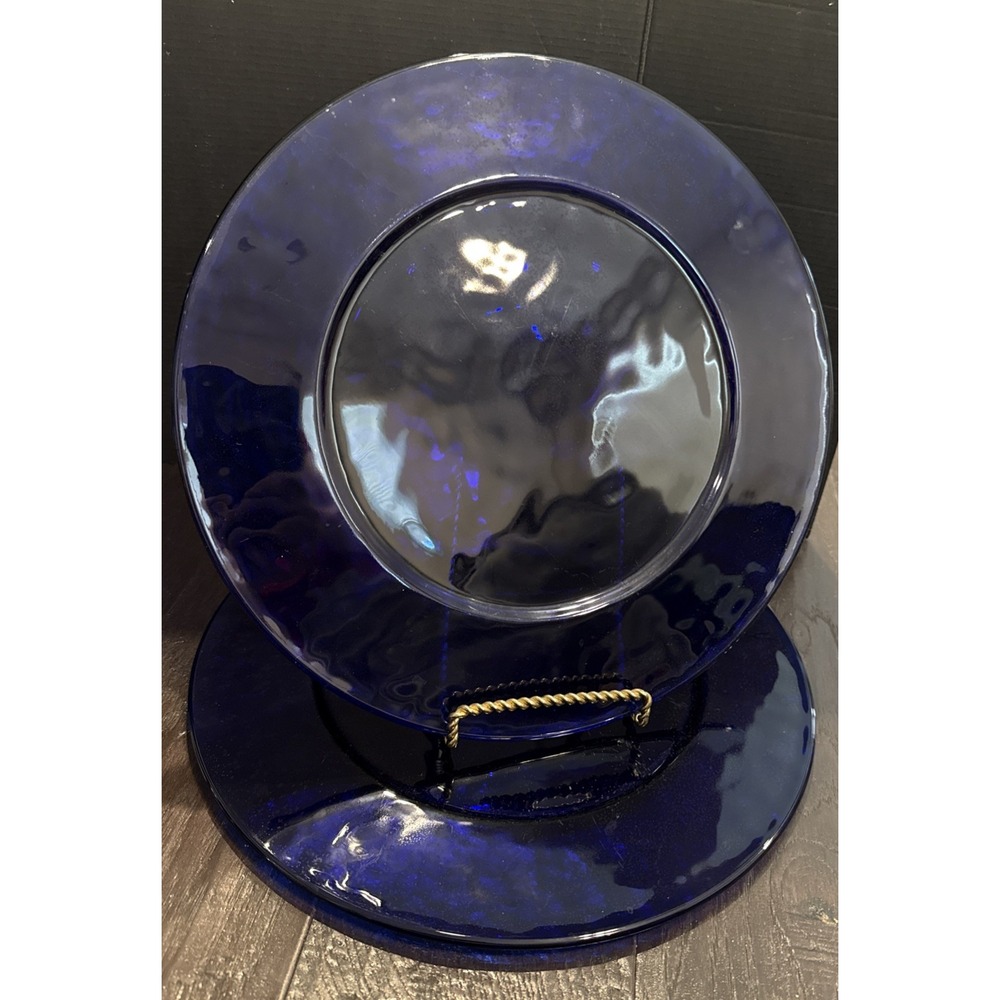 Artisan Crafted 12 Inch Vintage Large Cobalt Blue Glass Charger Plates Set Of 2